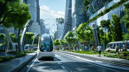 city ​​of the ecological future with innovative cars and clean streets full of green trees