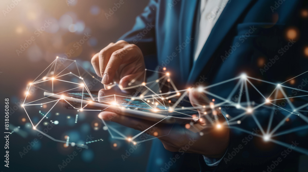 Poster global business, customer data management. businessman using digital tablet with data science and ai