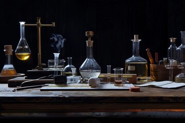 Many different bottles and beaks on a table, measurement apparatus
