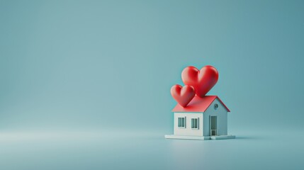 House Model with Floating Hearts on Light Blue Background: Symbolizing Love and Home. Perfect for Web Banners with Text or Logo.