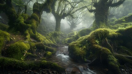 Large mossy trees in forest UHD wallpaper