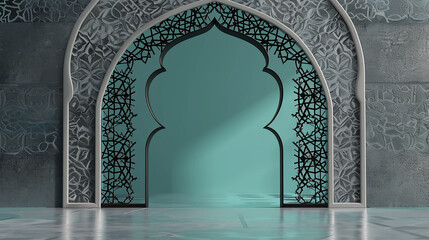Cool Grey and Black Islamic Arch A serene 3D realistic Islamic arch in cool grey and black, with delicate geometric patterns on a teal background.