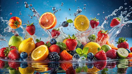 Assorted fruits dropped into water, making lively splashes with a vibrant background