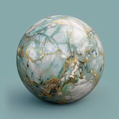 Marble stone rock sphere with gold and green colors on a solid blue background. Copy space 