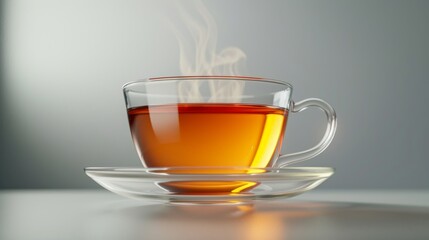A cup of tea sits on a saucer, with steam rising from the surface