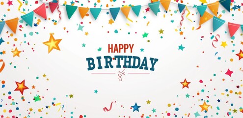 Colorful "HAPPY BIRTHDAY" Banner with Stars and Confetti on White Background, Featuring Copy Space for Customization. Ideal for Cake Toppers and Celebratory Designs.