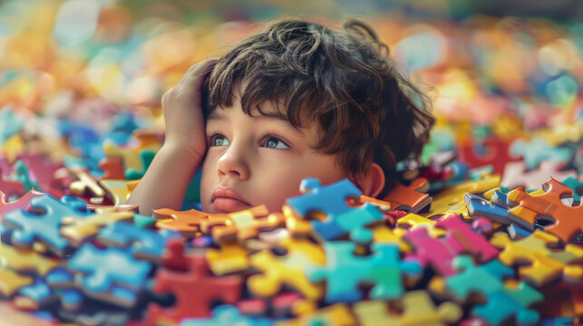 boy is sitting in a pile of puzzle pieces. He is looking at the camera with a thoughtful expression on his face.