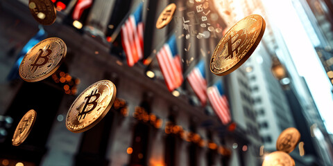 a group of coins with a flag in the background