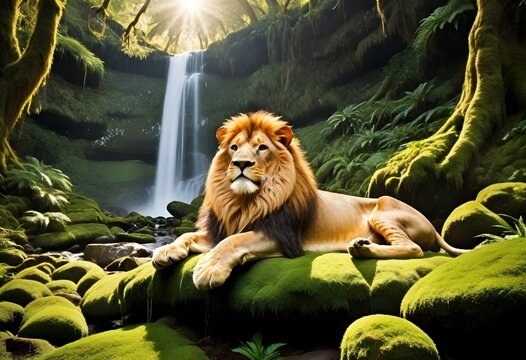 lion sitting by waterfall (141)