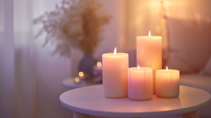A table with four candles in a vase