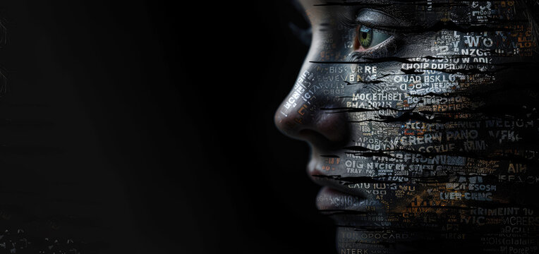 female face in profile on a black background with words and phrases symbolizing an end to violence against women, sexual assault, depression, mental health and psychological problems