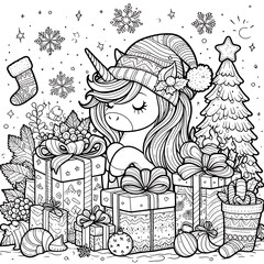 A coloring page of a unicorn with presents bring spirit attractive art.