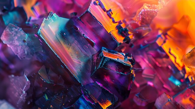 Macro photography of bismuth crystals with iridescent colors and geometric patterns, highlighting intricate details.