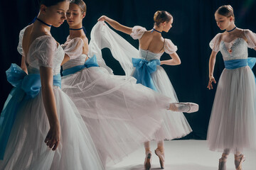 Group of four ballerinas, each striking graceful pose in white dresses with blue bows. Elegant...