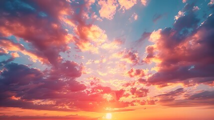A stunning sunset with vibrant orange, pink, and blue clouds filling the sky, creating a dramatic and awe-inspiring view. - Powered by Adobe