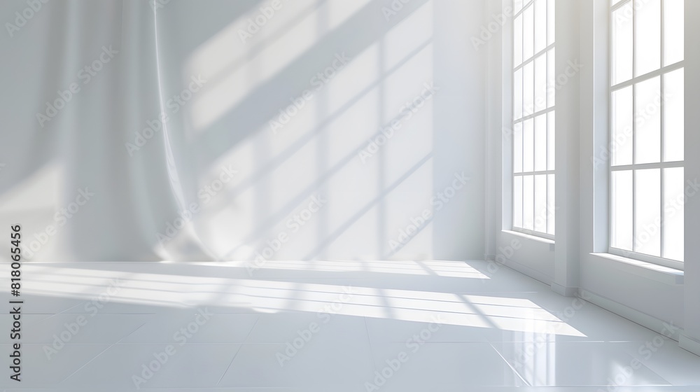 Poster spacious empty room with large windows casting dramatic shadows and sunlight across a smooth floor.