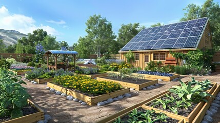 A community garden with raised beds, compost bins, and solar panels, offering plenty of room for adding informative text or graphics about sustainable gardening and renewable energy