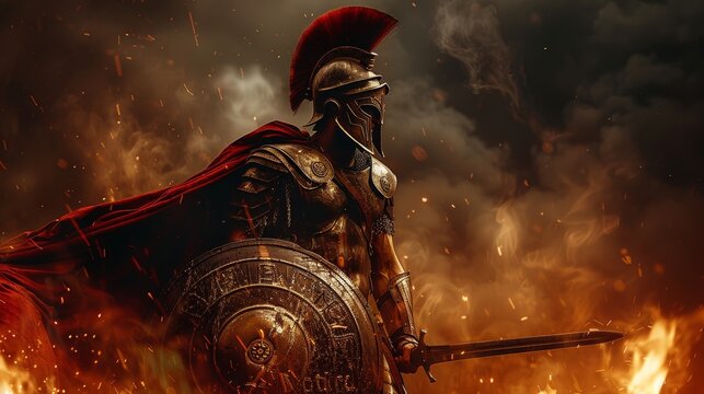 Ancient Greek warrior in armor with helmet and red cape holding sword and shield in a battle scene