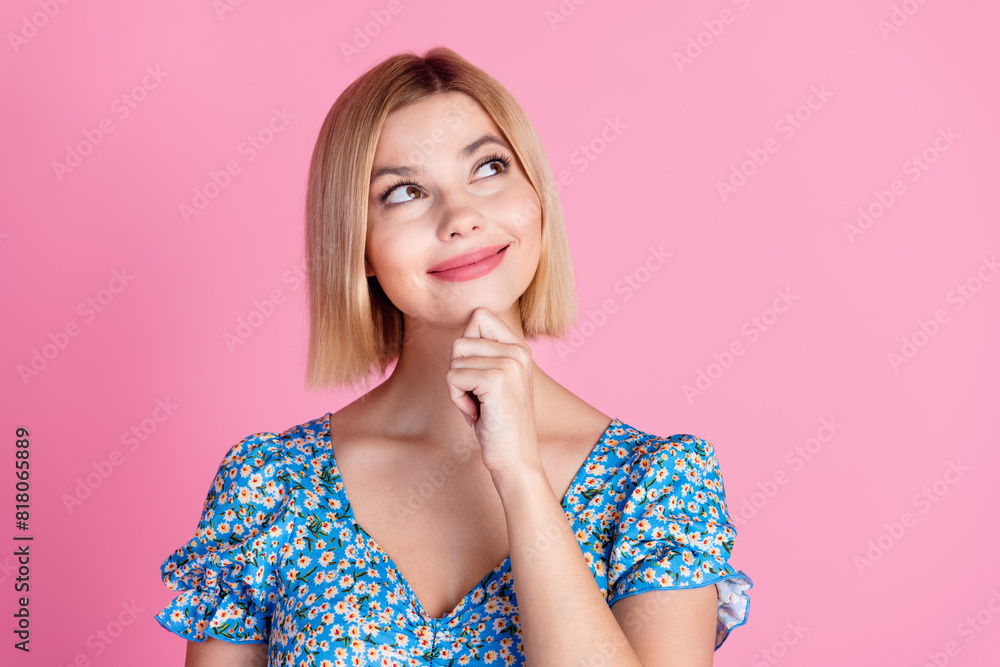 Sticker photo of pretty young girl smile look empty space wear top isolated on pink color background