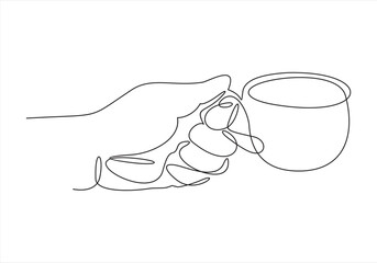 Cup in human hand. Tea or coffee drink in continuous line art drawing style. Black linear design isolated on white background. Vector illustration