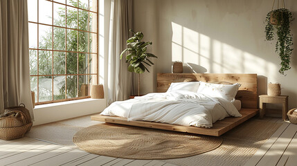 A minimalist, Scandinavian-style bedroom from the 1950s with a simple, wooden platform bed and...