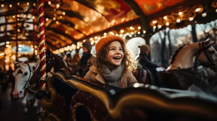 Happy Girl Riding Colorful Carousel at Amusement Park, Joyful Childhood Moment