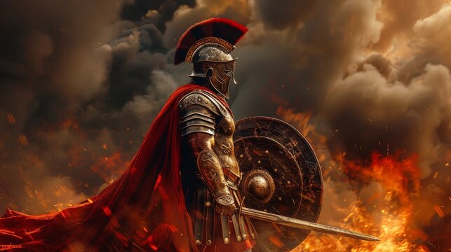 Ancient Greek warrior in armor with helmet and red cape holding sword and shield in a battle scene