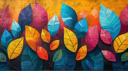 urban graffiti art, vibrant street art on city walls blends nature motifs and abstract shapes, embodying the essence of urban wilderness with a bold flair