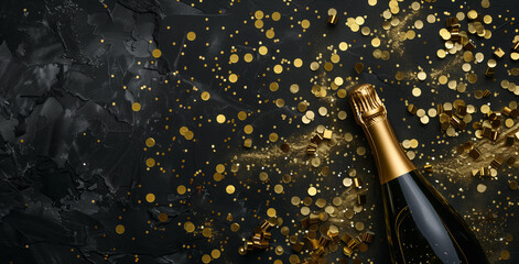 new year background with golden confetti and champagne bottle on black, flat lay composition, top view, copy space concept for festive greeting card or party invitation design banner  - Powered by Adobe