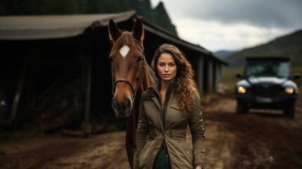 Young Woman with Horse in Rustic Countryside Setting on Cloudy Day