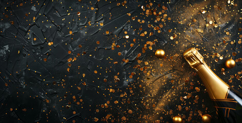 new year background with golden confetti and champagne bottle on black, flat lay composition, top view, copy space concept for festive greeting card or party invitation design banner 