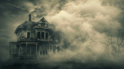 Spooky fog swirling around haunted house