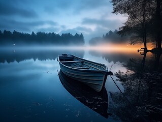 Boat drifting on tranquil lake at sunset amidst picturesque landscape with reflections, under serene sky. generative AI