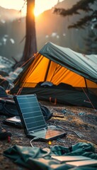 Remote Campsite with Portable Solar Charger at Sunset