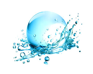 Water crown splashes and wave swirl with drops. Vector transparent blue liquid splashing fluids...