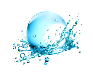 Water crown splashes and wave swirl with drops. Vector transparent blue liquid splashing fluids with droplets, isolated realistic 3d elements, fresh drink, clear aqua falling or pour with air bubbles