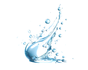 Water crown splashes and wave swirl with drops. Vector transparent blue liquid splashing fluids with droplets, isolated realistic 3d elements, fresh drink, clear aqua falling or pour with air bubbles