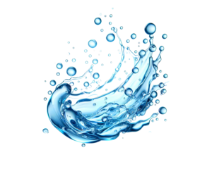 Water crown splashes and wave swirl with drops. Vector transparent blue liquid splashing fluids with droplets, isolated realistic 3d elements, fresh drink, clear aqua falling or pour with air bubbles