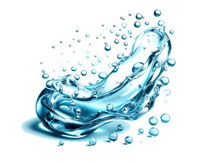 Water crown splashes and wave swirl with drops. Vector transparent blue liquid splashing fluids...