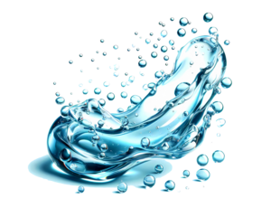 Water crown splashes and wave swirl with drops. Vector transparent blue liquid splashing fluids with droplets, isolated realistic 3d elements, fresh drink, clear aqua falling or pour with air bubbles