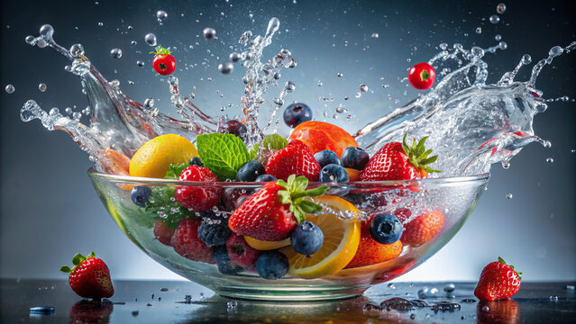 A mix of colorful fruits tumbling into a bowl of water, creating a vibrant splash