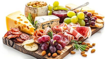 gourmet artisan cheese and charcuterie board with assorted meats cheeses fruits and nuts isolated on white background food photography
