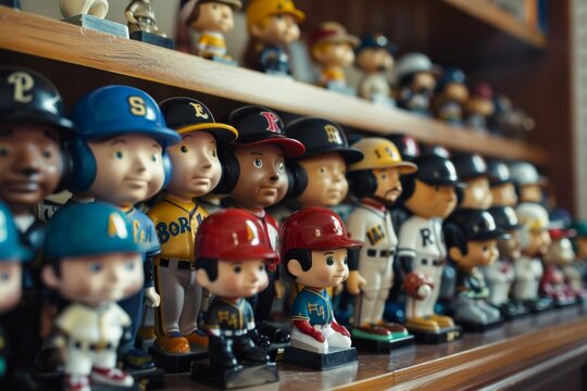 Collection of Baseball Bobblehead Figurines Display on Shelf Representing Various Teams