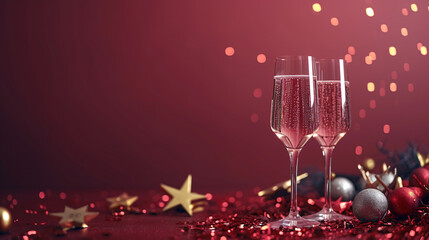 two glasses of champagne with a red background