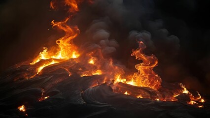 Flame and smoke rising on the dark background