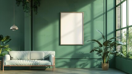 green wall with framed poster mockup closeup contemporary gallery space 3d rendering