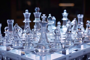 Modern Acrylic Chess Set in a High-Tech Environment, Perfect for Strategy and Design Enthusiasts