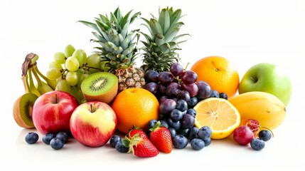 A variety of fruits including apples, grapes, pineapple, kiwi, oranges, and bananas