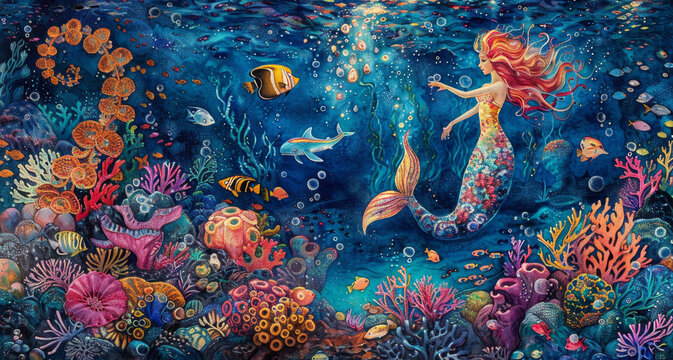 undersea coloring page, dive into a vibrant undersea coloring page filled with fish, seahorses, and a regal mermaid, ready for your creative flair