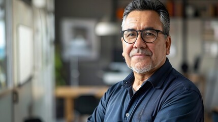 Obraz premium handsome middleaged hispanic man with glasses in modern office portrait